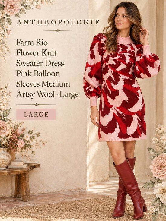 FARM Rio Dresses & Skirts - Farm Rio Flower Knit Sweater Dress Pink Balloon Sleeves L - Preloved